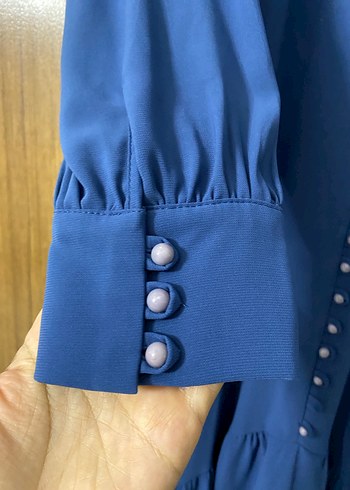 Mavi Uzun Kollu Bohem Düğmeli Elbise - Görsel 4