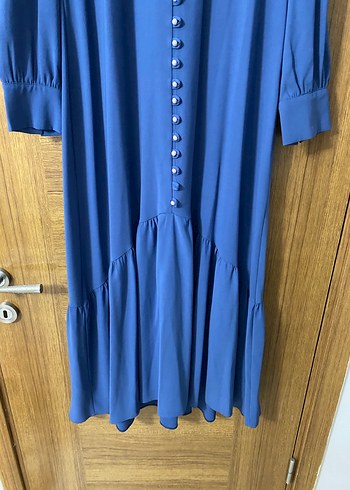 Mavi Uzun Kollu Bohem Düğmeli Elbise - Görsel 3