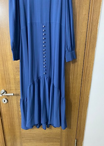 Mavi Uzun Kollu Bohem Düğmeli Elbise - Görsel 5