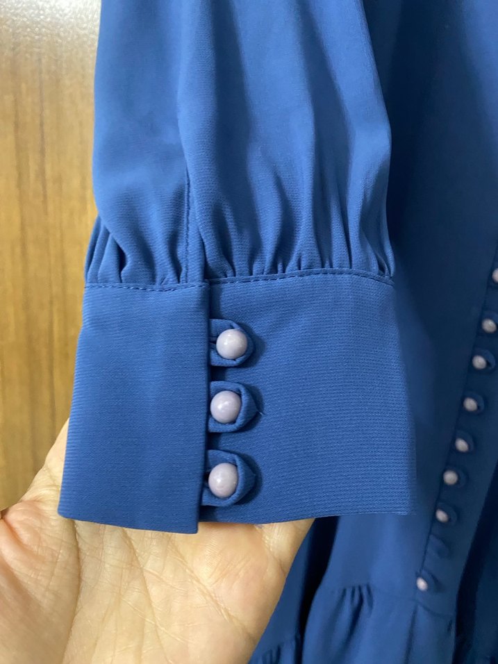 Mavi Uzun Kollu Bohem Düğmeli Elbise - Görsel 4