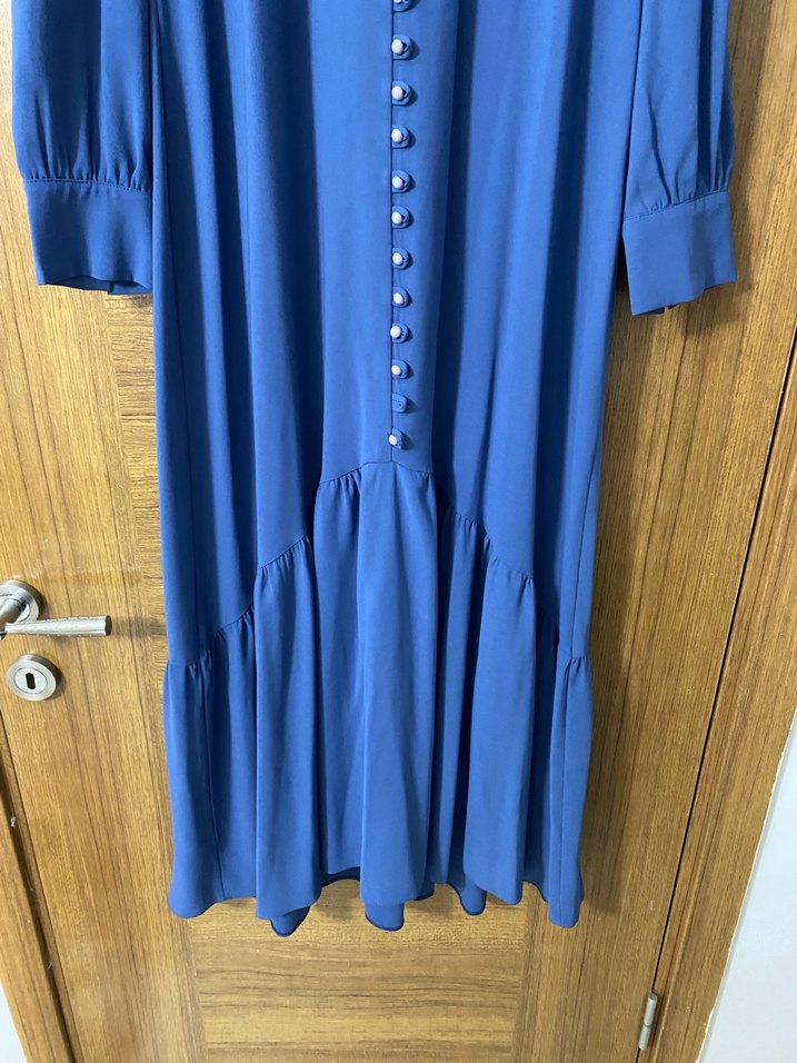 Mavi Uzun Kollu Bohem Düğmeli Elbise - Görsel 3