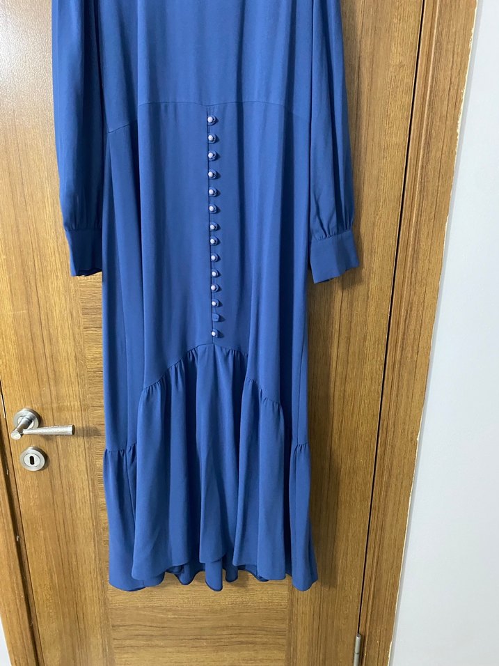 Mavi Uzun Kollu Bohem Düğmeli Elbise - Görsel 5