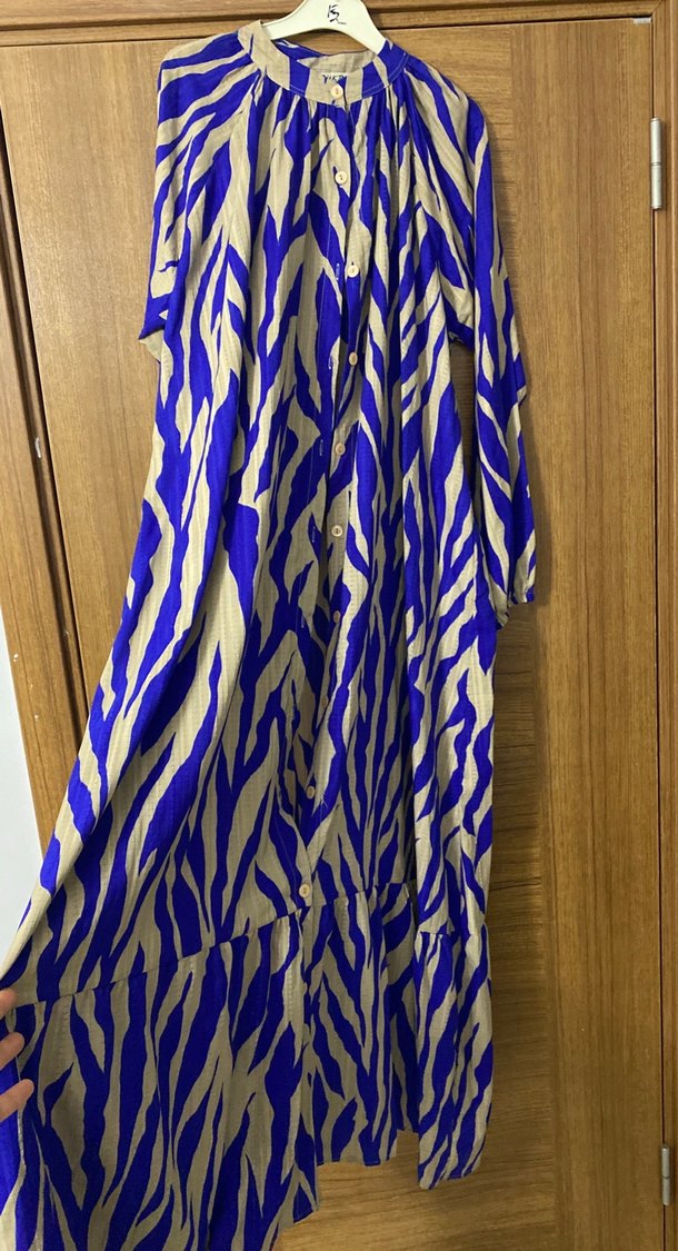 Mavi Zebra Desenli Uzun Pilili Kadın Elbise - Görsel 2