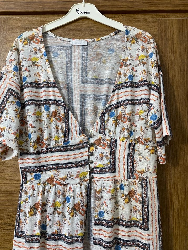 Bohem Çok Renkli Uzun Elbise V Yakalı - Görsel 2