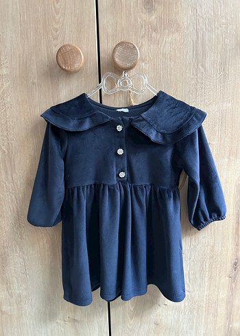 Düğmeli, Yakalı Beyaz ve lacivert  Kız Çocuk Elbisesi - Görsel 3