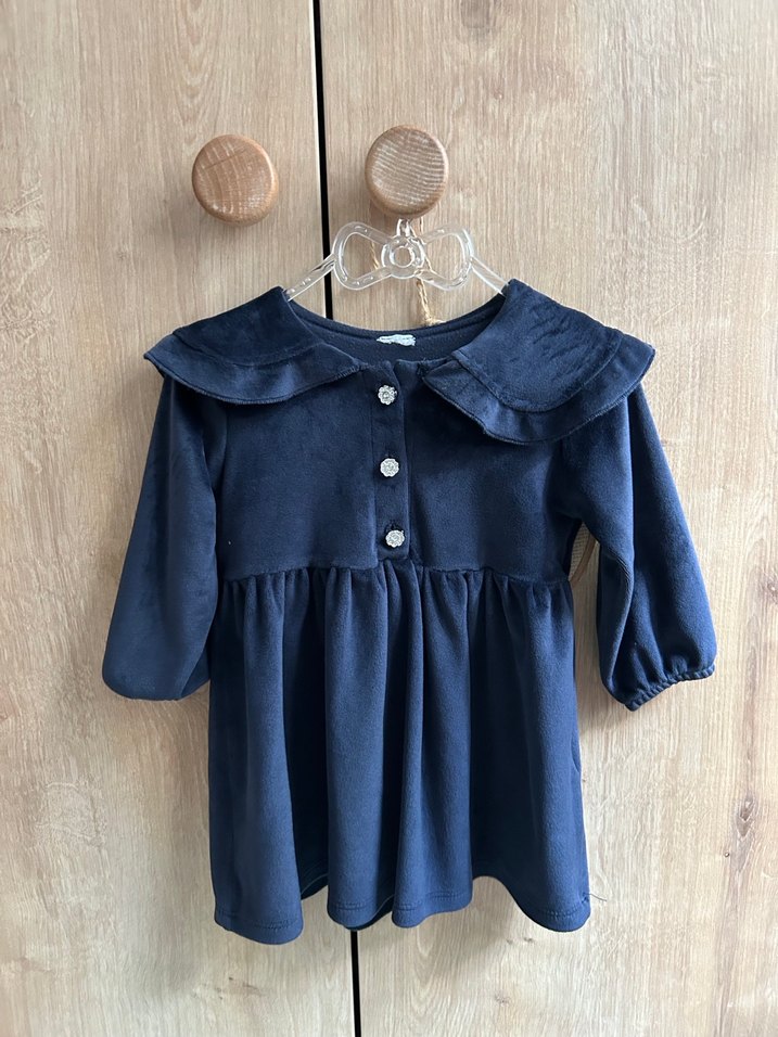 Düğmeli, Yakalı Beyaz ve lacivert  Kız Çocuk Elbisesi - Görsel 3