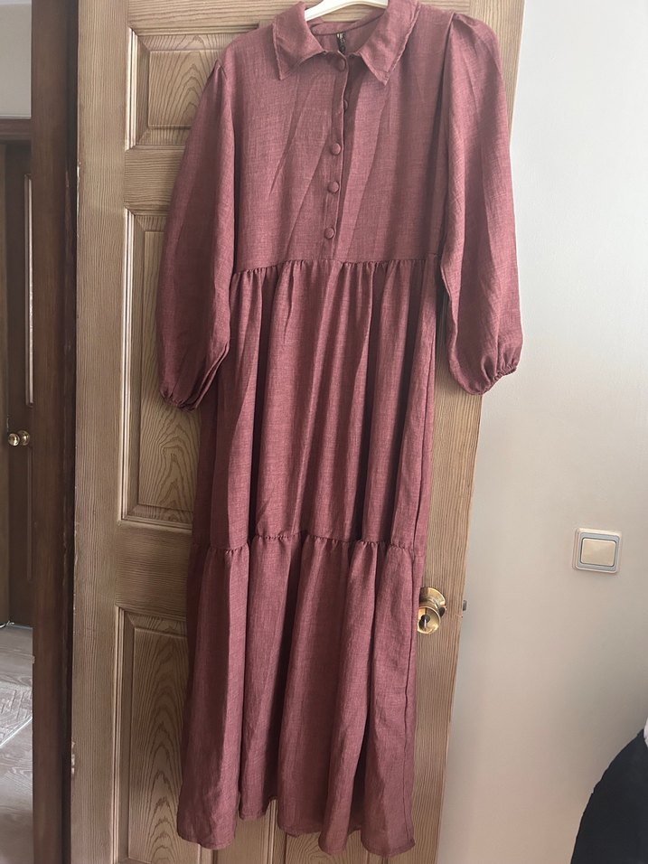 Bordo Bohem Uzun Keten Elbise - Görsel 2