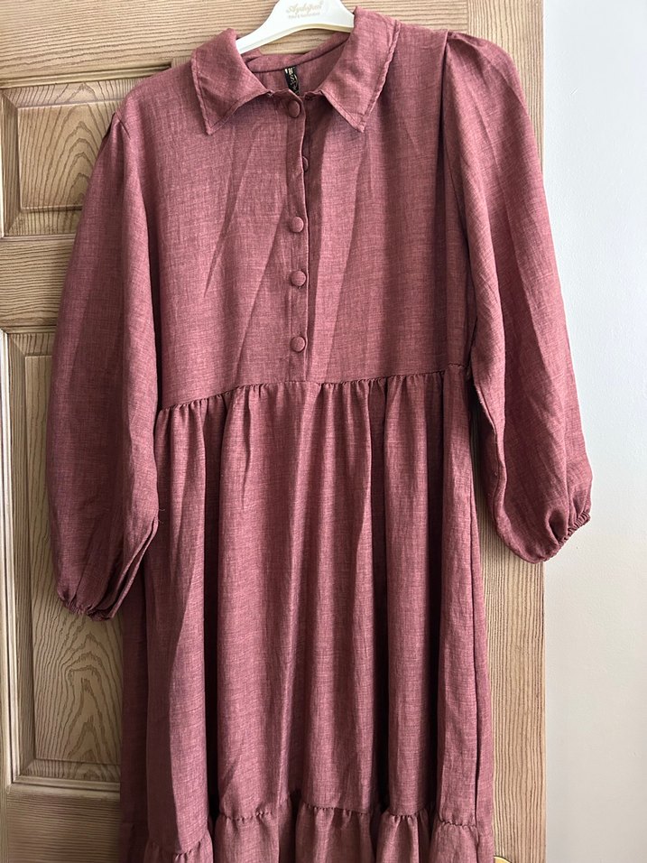 Bordo Bohem Uzun Keten Elbise - Görsel 3