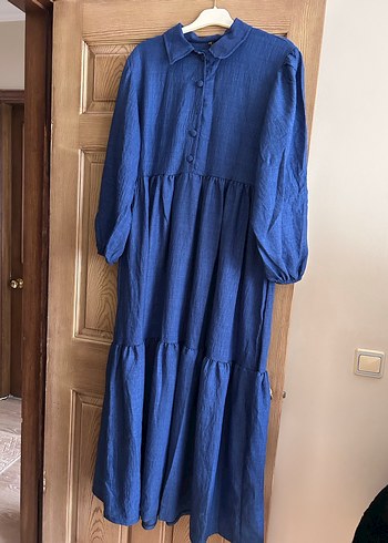 Düğmeli Lacivert Uzun Keten Elbise - Görsel 2