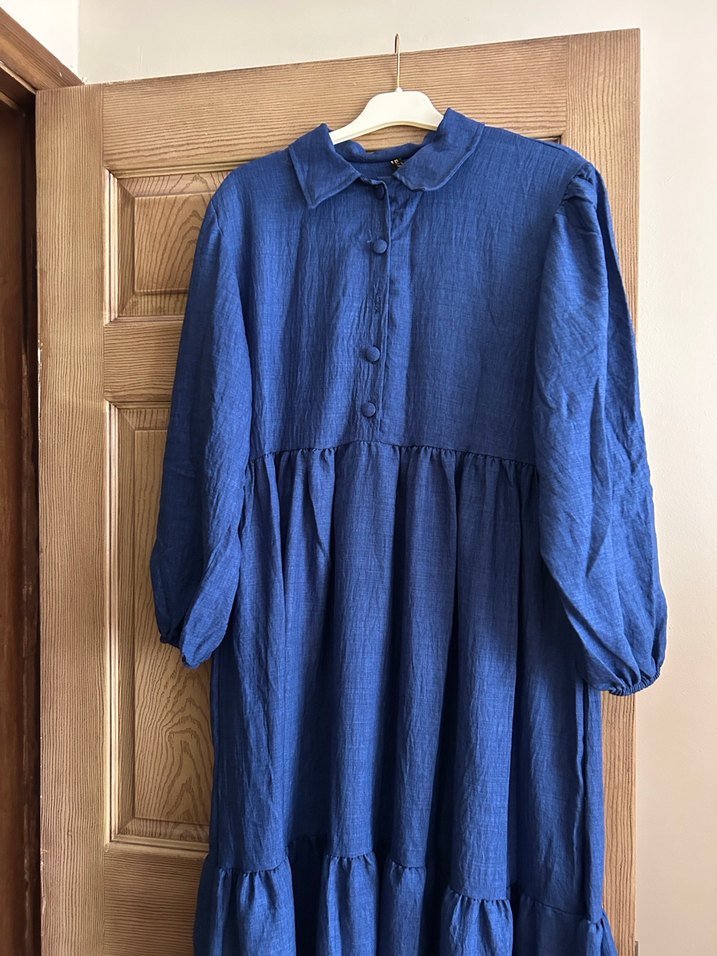 Düğmeli Lacivert Uzun Keten Elbise - Görsel 3