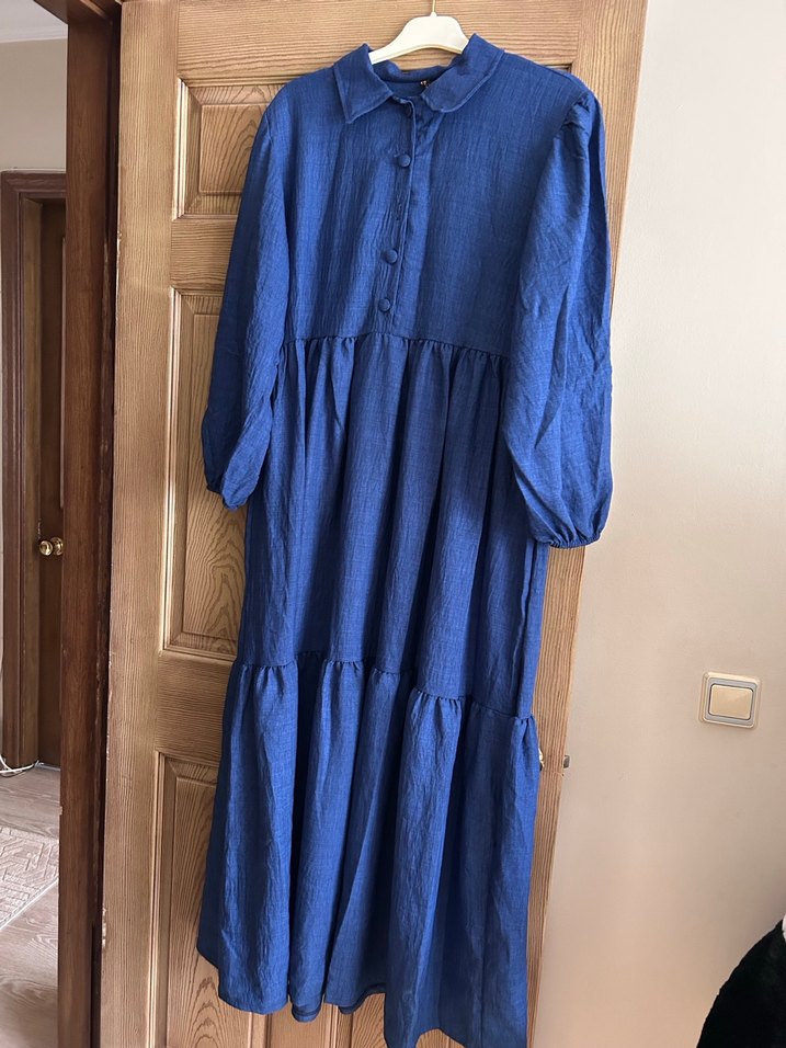 Düğmeli Lacivert Uzun Keten Elbise - Görsel 2