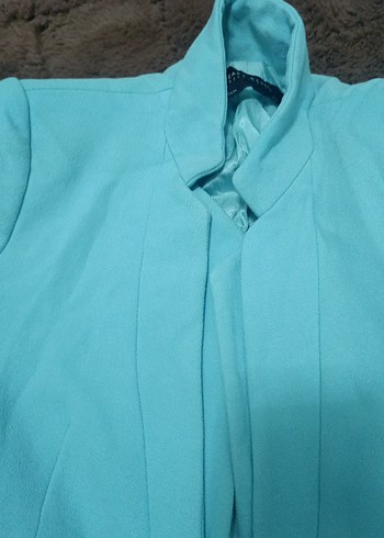 ZARA  Mavi renkte Düğmeli Uzun Kadın ceket - Görsel 9