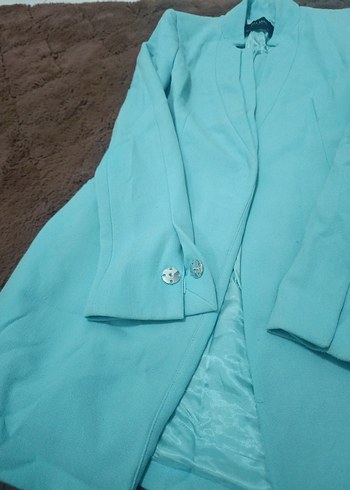 ZARA  Mavi renkte Düğmeli Uzun Kadın ceket - Görsel 6