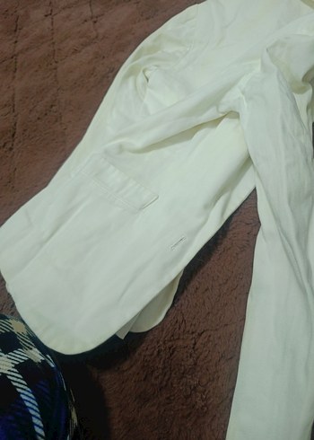 Düğmeli Beyaz Kadın Keten Blazer Ceket krem beyaz - Görsel 8