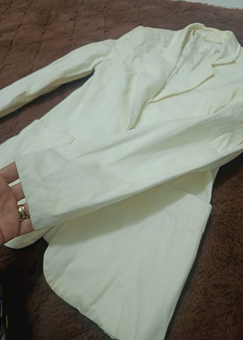 Düğmeli Beyaz Kadın Keten Blazer Ceket krem beyaz - Görsel 5