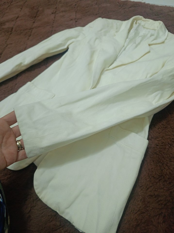 Düğmeli Beyaz Kadın Keten Blazer Ceket krem beyaz - Görsel 5