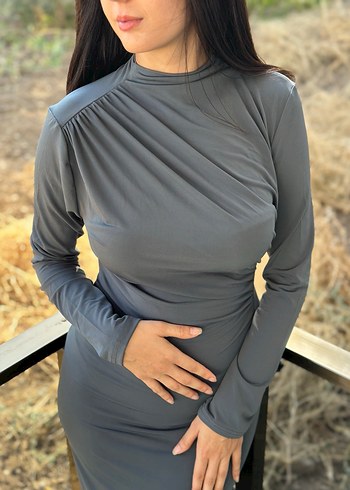 Uzun Kollu Gri Drapeli Kadın Elbise - Görsel 3