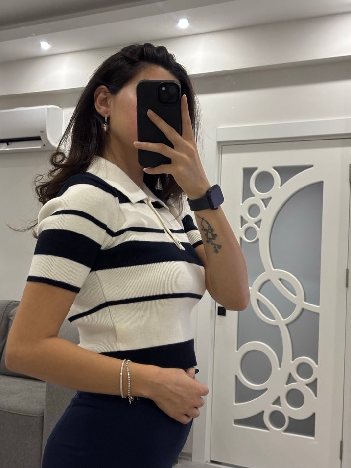 Kızlar için Çizgili Pamuk Polo Tişört - Görsel 3