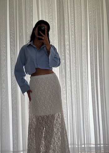 Mavi crop büyük cepli gömlek - Görsel 3