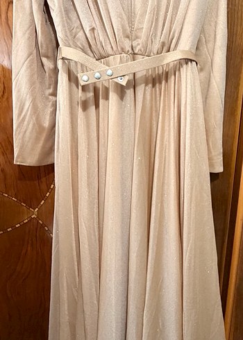 Bej Keten Uzun Drapeli Kadın Elbise - Görsel 5