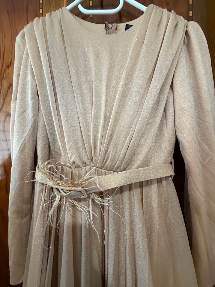 Bej Keten Uzun Drapeli Kadın Elbise - Görsel 3