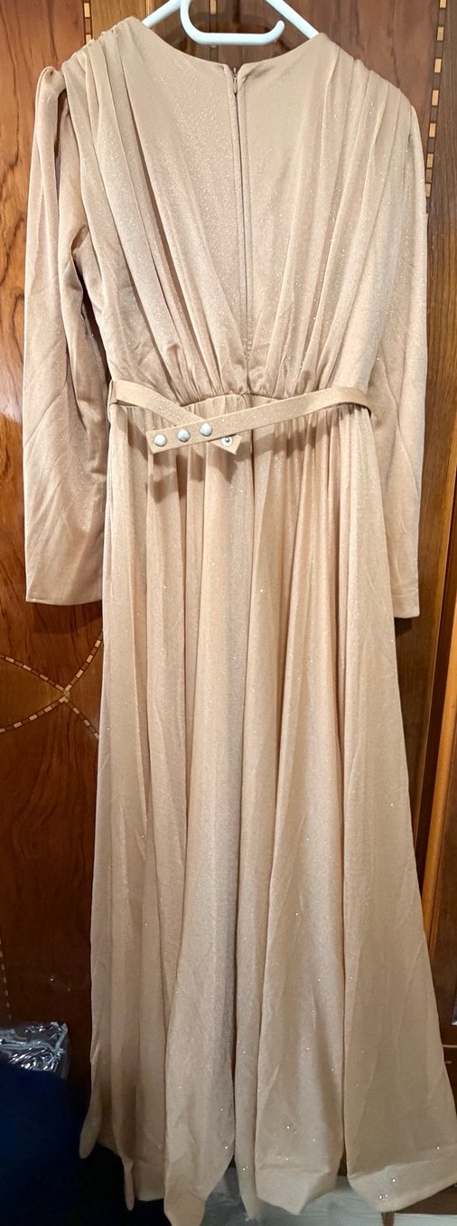 Bej Keten Uzun Drapeli Kadın Elbise - Görsel 5