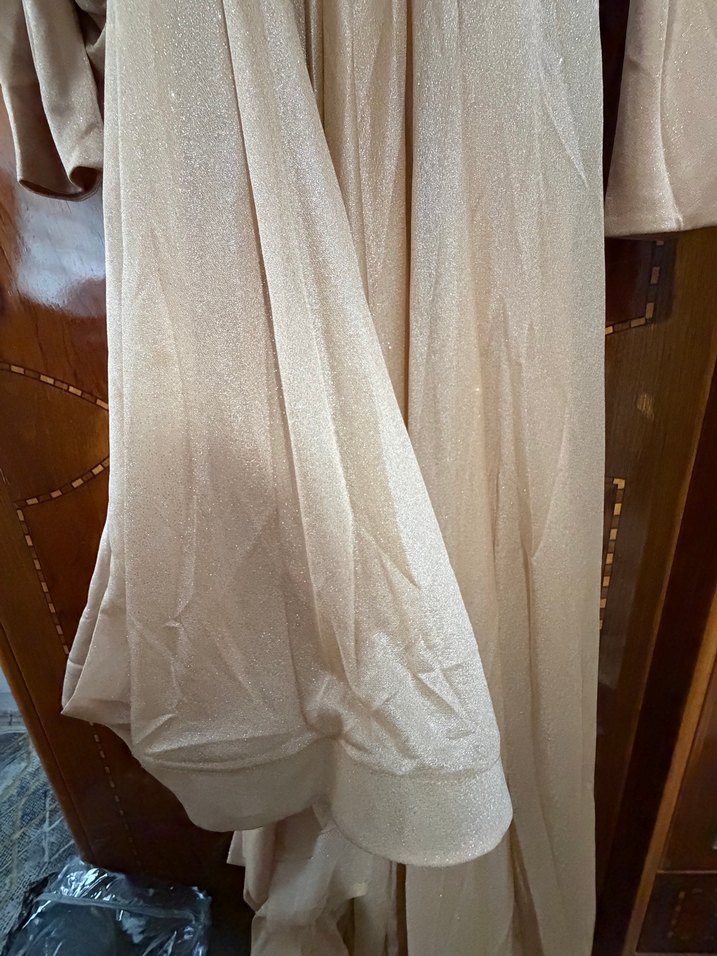 Bej Keten Uzun Drapeli Kadın Elbise - Görsel 2