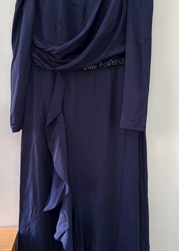 Lacivert Drapeli Uzun Kadın Tesettür Abiye Elbise - Görsel 2