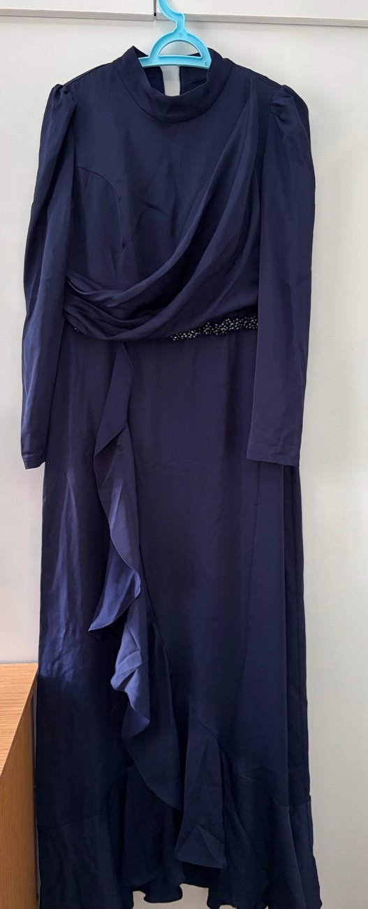 Lacivert Drapeli Uzun Kadın Tesettür Abiye Elbise - Görsel 2