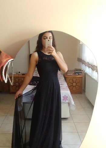 Dantel Detaylı Siyah Uzun Abiye Elbise - Görsel 2