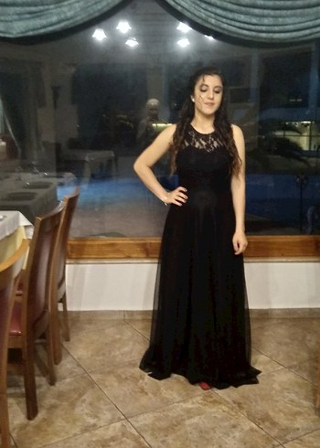 Dantel Detaylı Siyah Uzun Abiye Elbise - Görsel 3