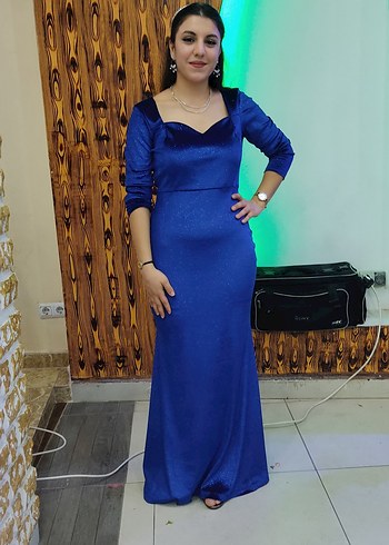 Uzun Kollu Saks Mavi Kalp Yaka Abiye Elbise - Görsel 2