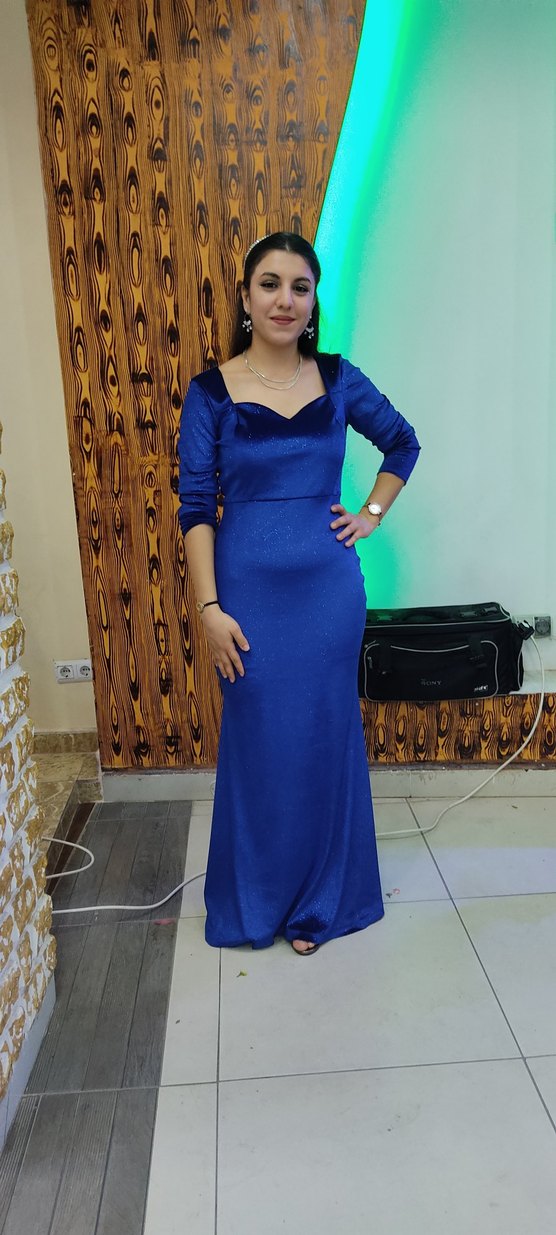 Uzun Kollu Saks Mavi Kalp Yaka Abiye Elbise - Görsel 2