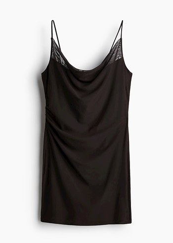 Siyah Drapeli V Yaka Midi Elbise - Görsel 3