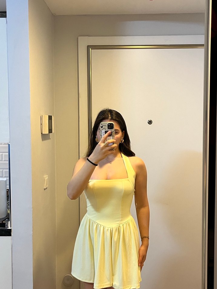 Sarı Straplez Midi Kadın Elbise - Görsel 2