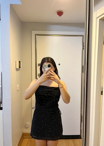 Siyah Puantiyeli Mini Straplez Elbise - Görsel 2