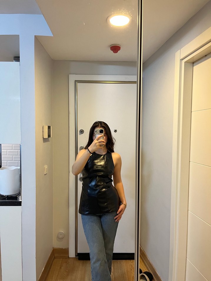 Siyah Deri Kadın Midi Boy Dar Kesim Jean - Görsel 3