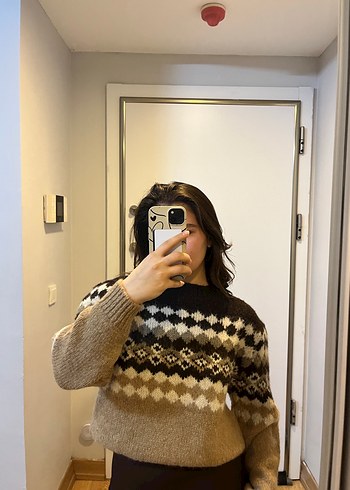 Kadın Bej Desenli Triko Kazak - Görsel 2