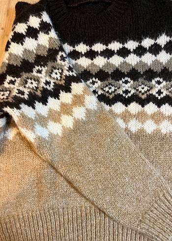 Kadın Bej Desenli Triko Kazak - Görsel 3