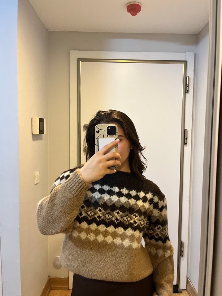 Kadın Bej Desenli Triko Kazak - Görsel 2