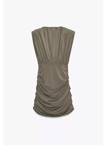 V Yaka Drapeli Kısa Keten Elbise - Görsel 4