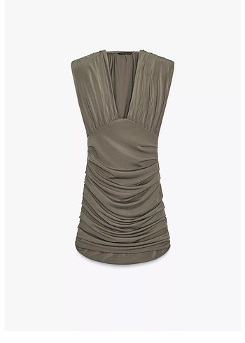 V Yaka Drapeli Kısa Keten Elbise - Görsel 3