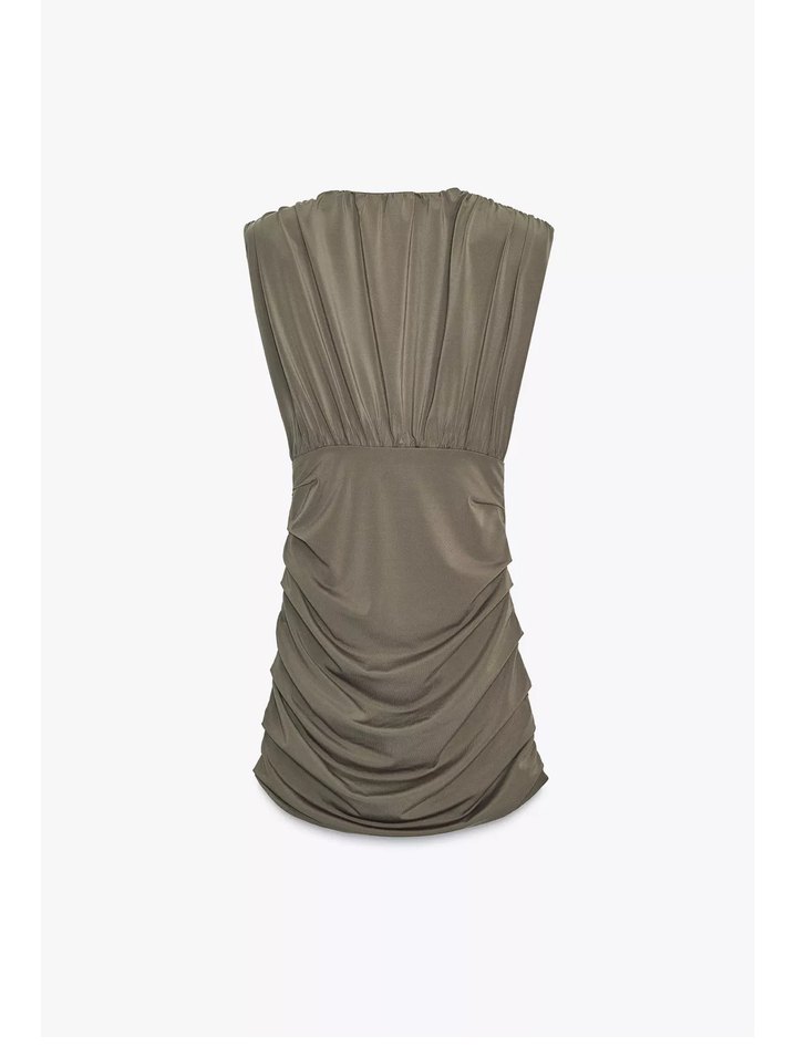 V Yaka Drapeli Kısa Keten Elbise - Görsel 4