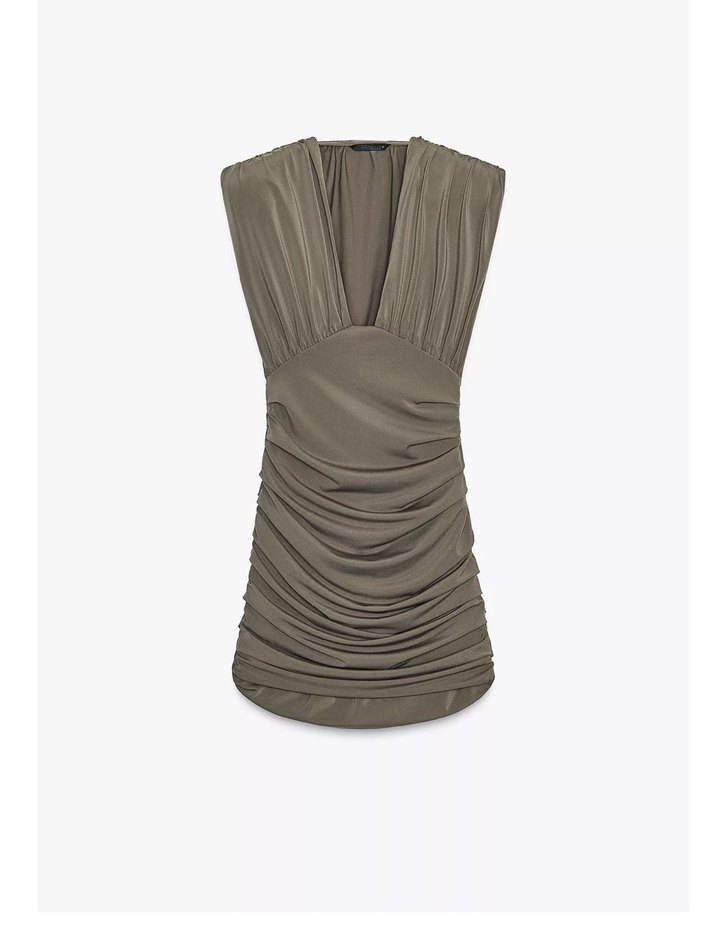 V Yaka Drapeli Kısa Keten Elbise - Görsel 3