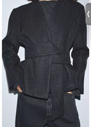 Kemerli Siyah Midi Kadın Denim Blazer - Görsel 2