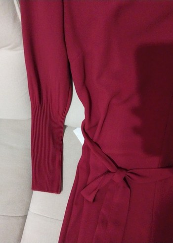 bordo V Yaka Uzun Kollu Elbise - Görsel 3