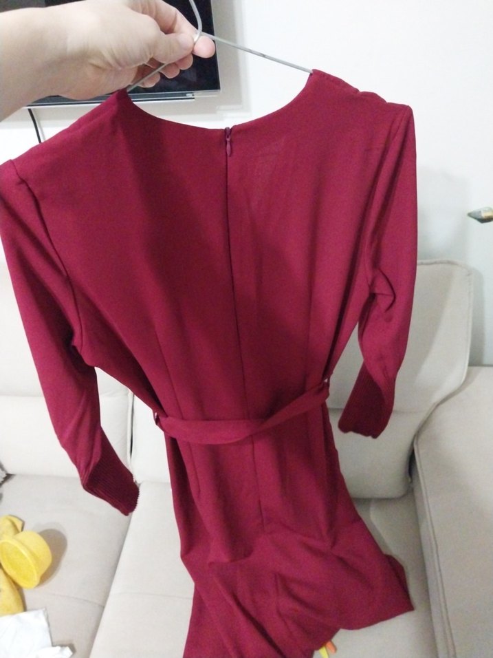 bordo V Yaka Uzun Kollu Elbise - Görsel 5