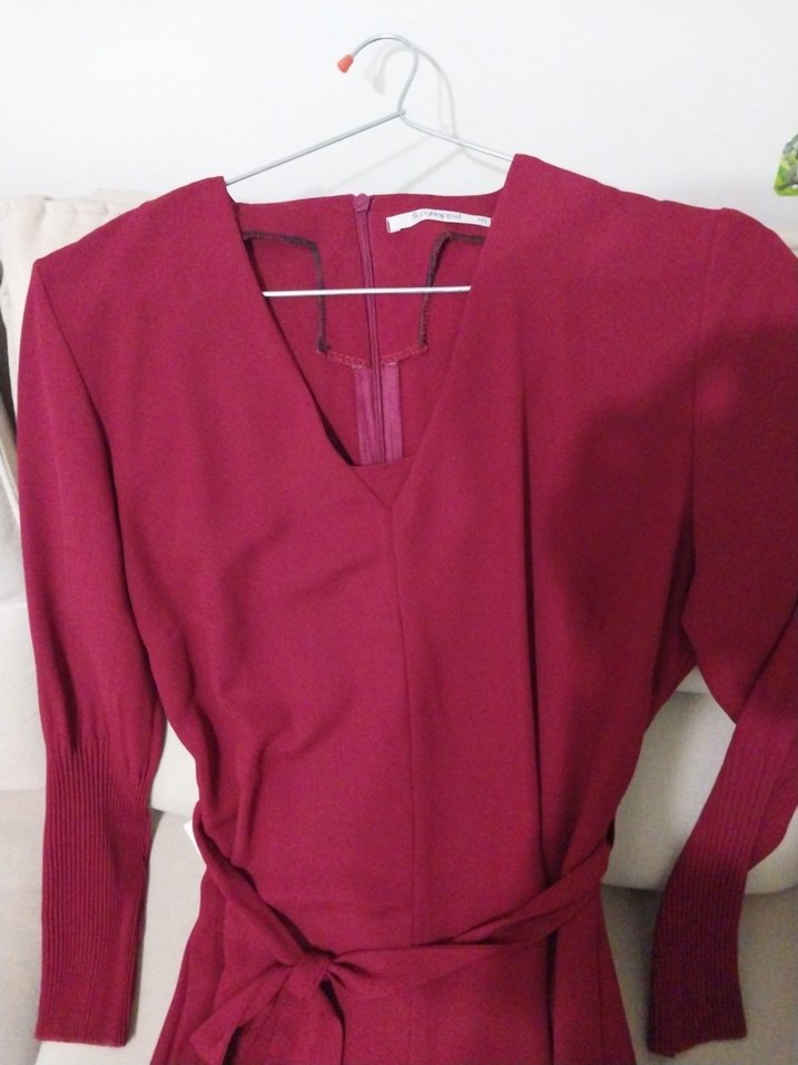 bordo V Yaka Uzun Kollu Elbise - Görsel 2