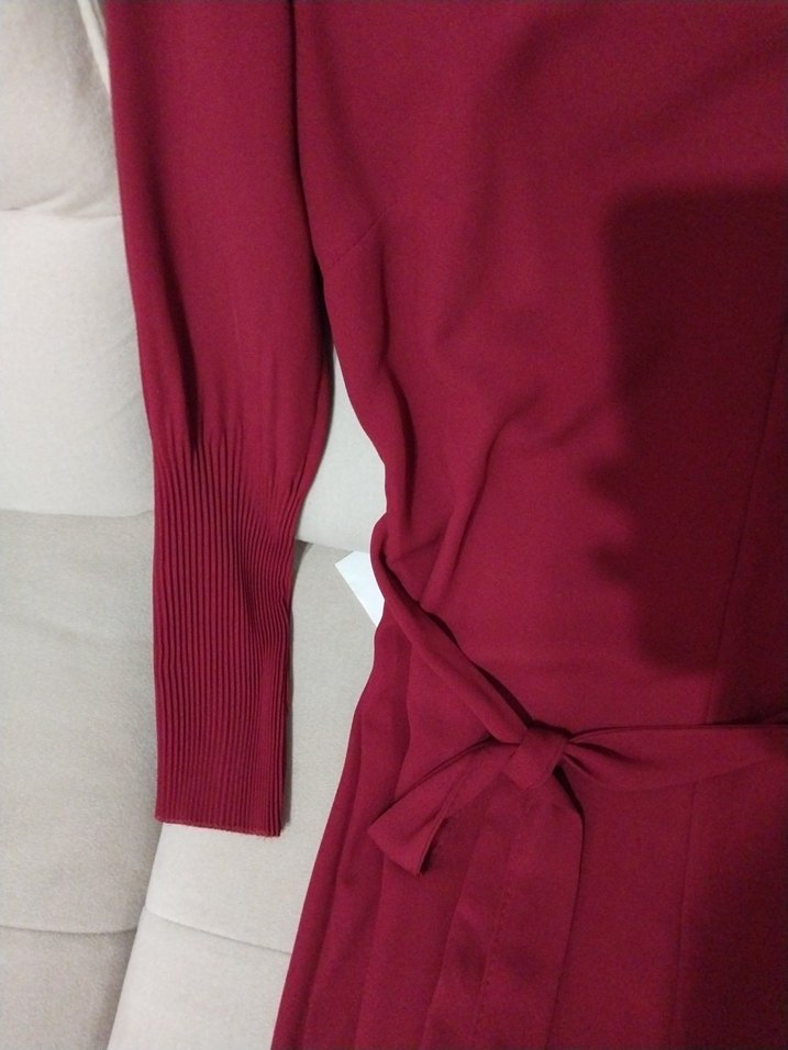 bordo V Yaka Uzun Kollu Elbise - Görsel 3