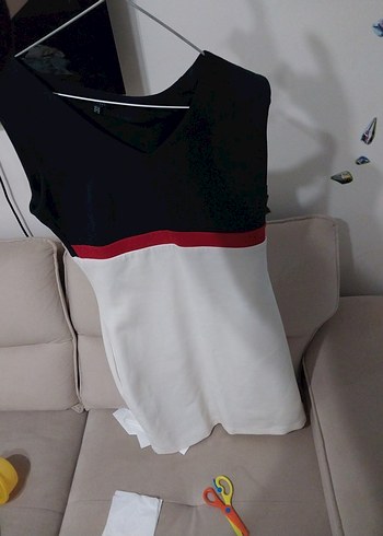 lacivert-beyaz V yakalı kolsuz midi elbise - Görsel 6